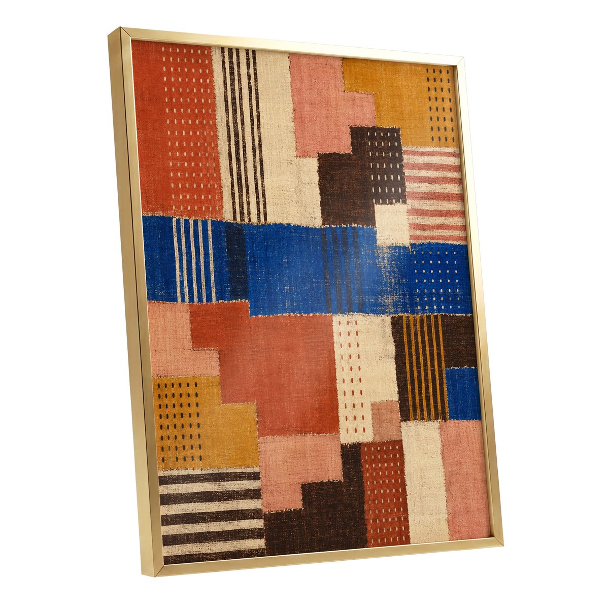 Chromatic Patchwork, blue, orange, beige abstract wall art shown as a gold framed poster wall art print