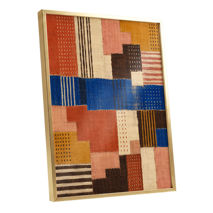 Chromatic Patchwork, blue, orange, beige abstract wall art shown as a gold framed poster wall art print