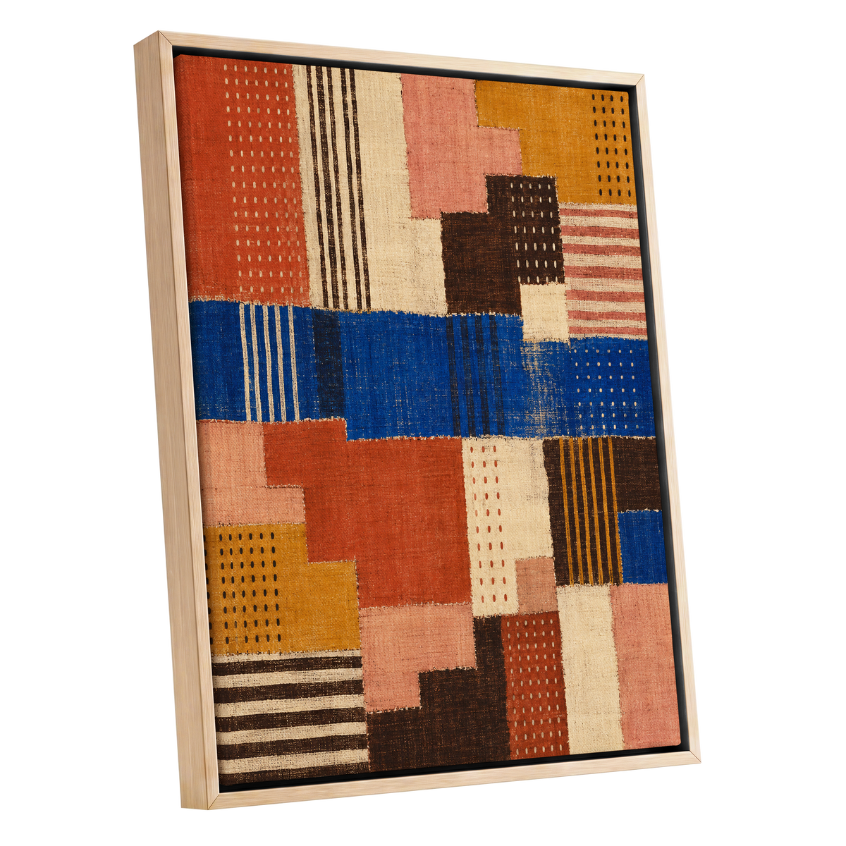 Chromatic Patchwork, blue, orange, beige abstract wall art shown as a oak framed canvas wall art