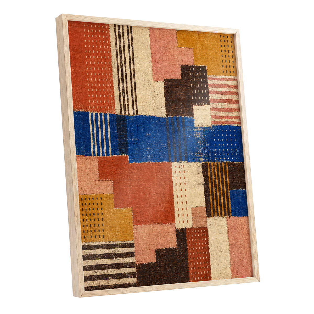 Chromatic Patchwork, blue, orange, beige abstract wall art shown as a oak framed poster wall art print