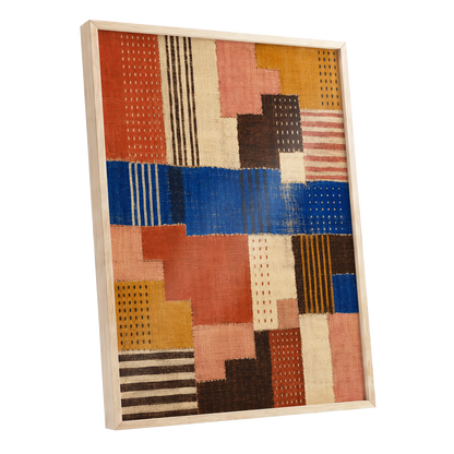Chromatic Patchwork, blue, orange, beige abstract wall art shown as a oak framed poster wall art print