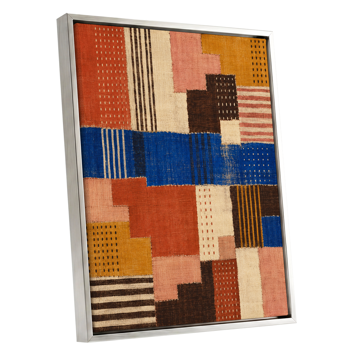 Chromatic Patchwork, blue, orange, beige abstract wall art shown as a silver framed canvas wall art