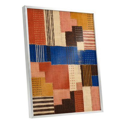 Chromatic Patchwork, blue, orange, beige abstract wall art shown as a silver framed poster wall art print
