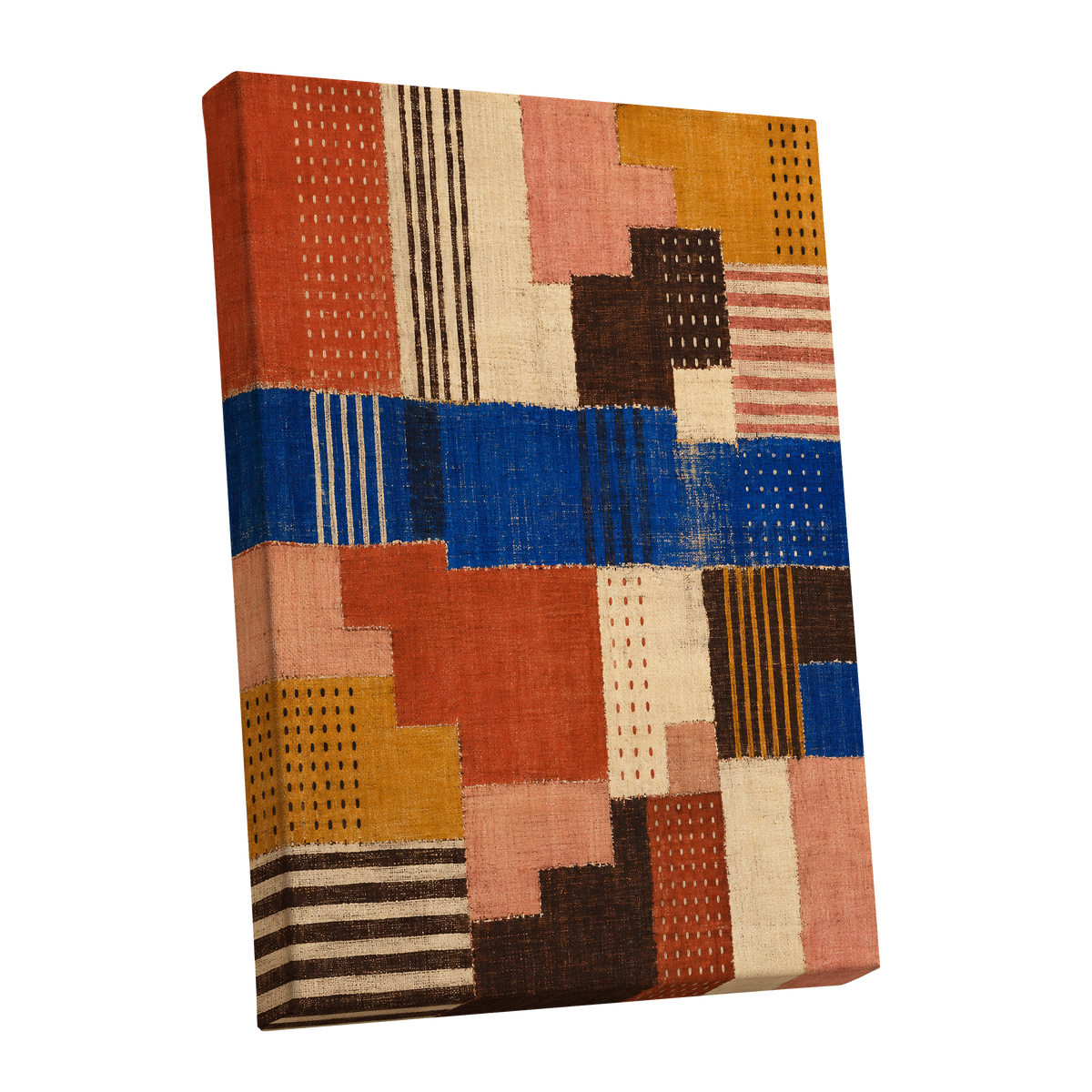 Chromatic Patchwork, blue, orange, beige abstract wall art shown as a stretched canvas wall art