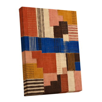 Chromatic Patchwork, blue, orange, beige abstract wall art shown as a stretched canvas wall art