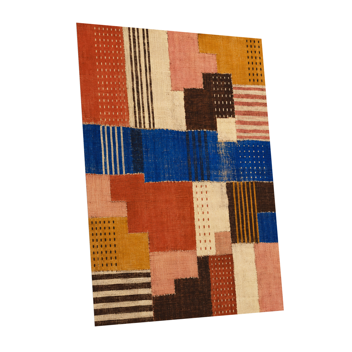 Chromatic Patchwork, blue, orange, beige abstract wall art shown as a unframed poster wall art print