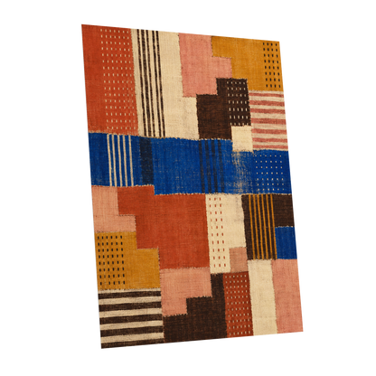 Chromatic Patchwork, blue, orange, beige abstract wall art shown as a unframed poster wall art print