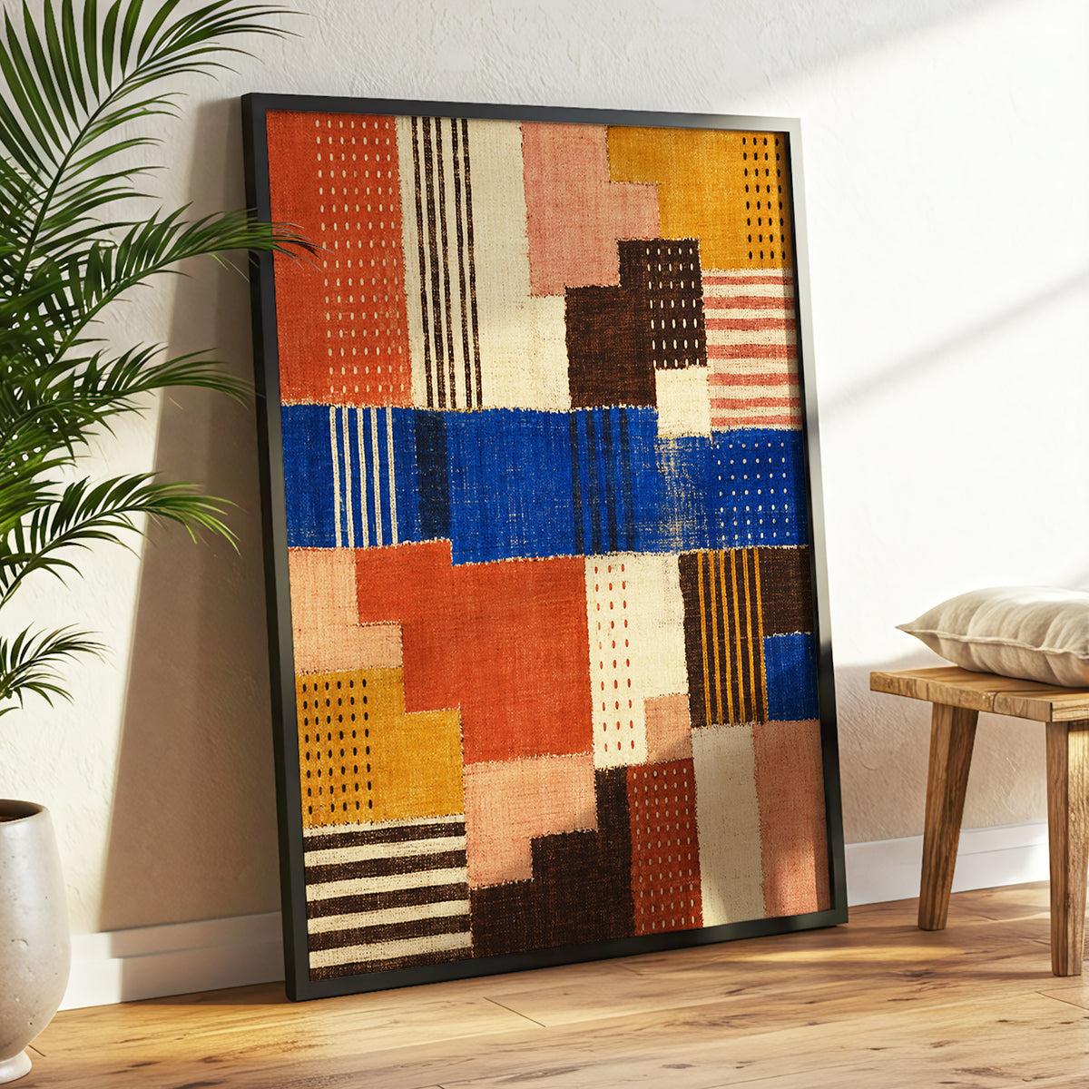 Chromatic Patchwork, blue, orange, beige abstract wall art displayed in a styled interior, gallery view 2
