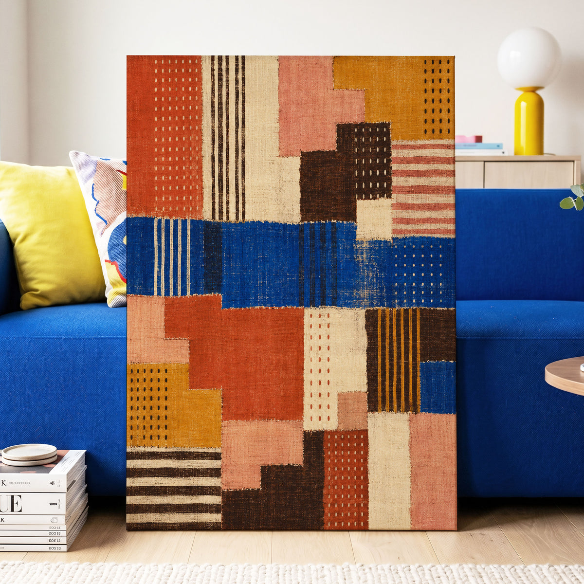 Chromatic Patchwork, blue, orange, beige abstract wall art displayed in a styled interior, gallery view 3