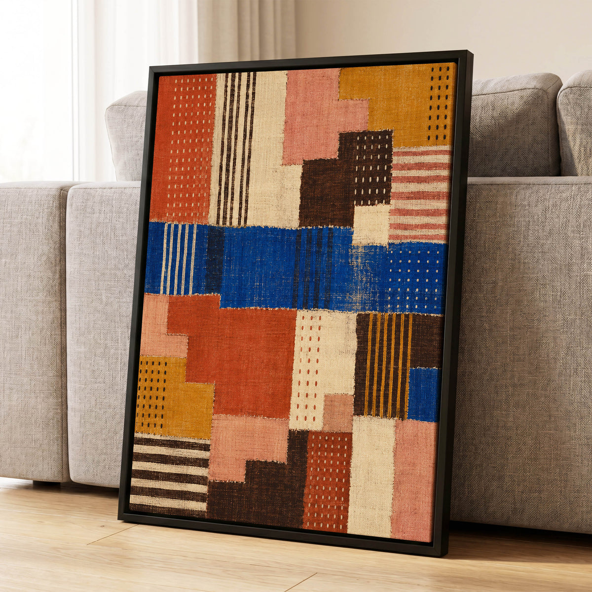 Chromatic Patchwork, blue, orange, beige abstract wall art displayed in a styled interior, gallery view 4