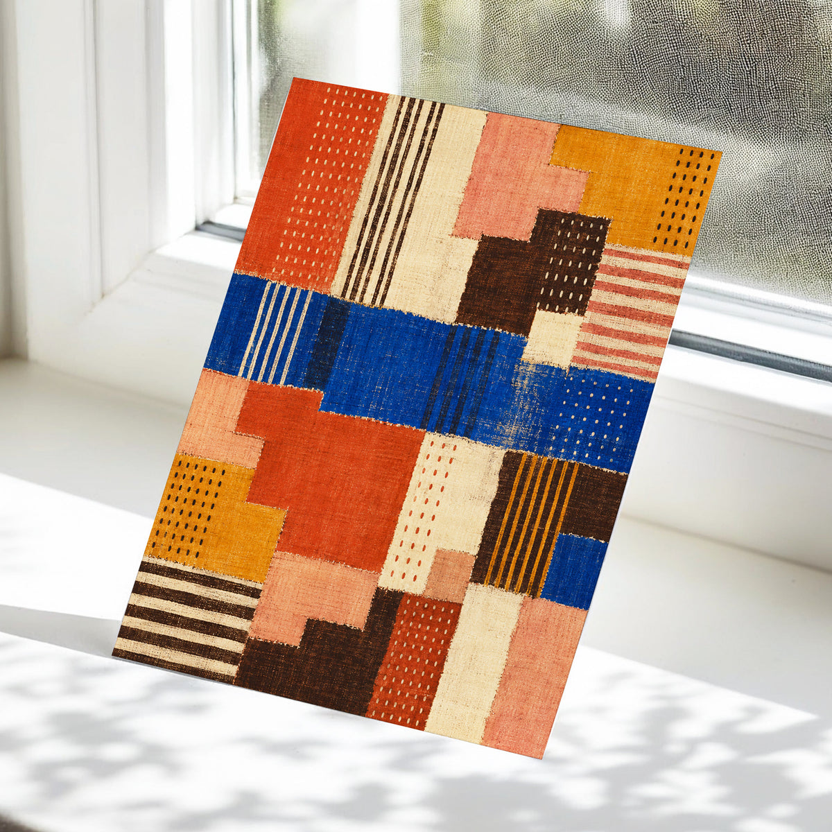 Chromatic Patchwork, blue, orange, beige abstract wall art displayed in a styled interior, gallery view 5