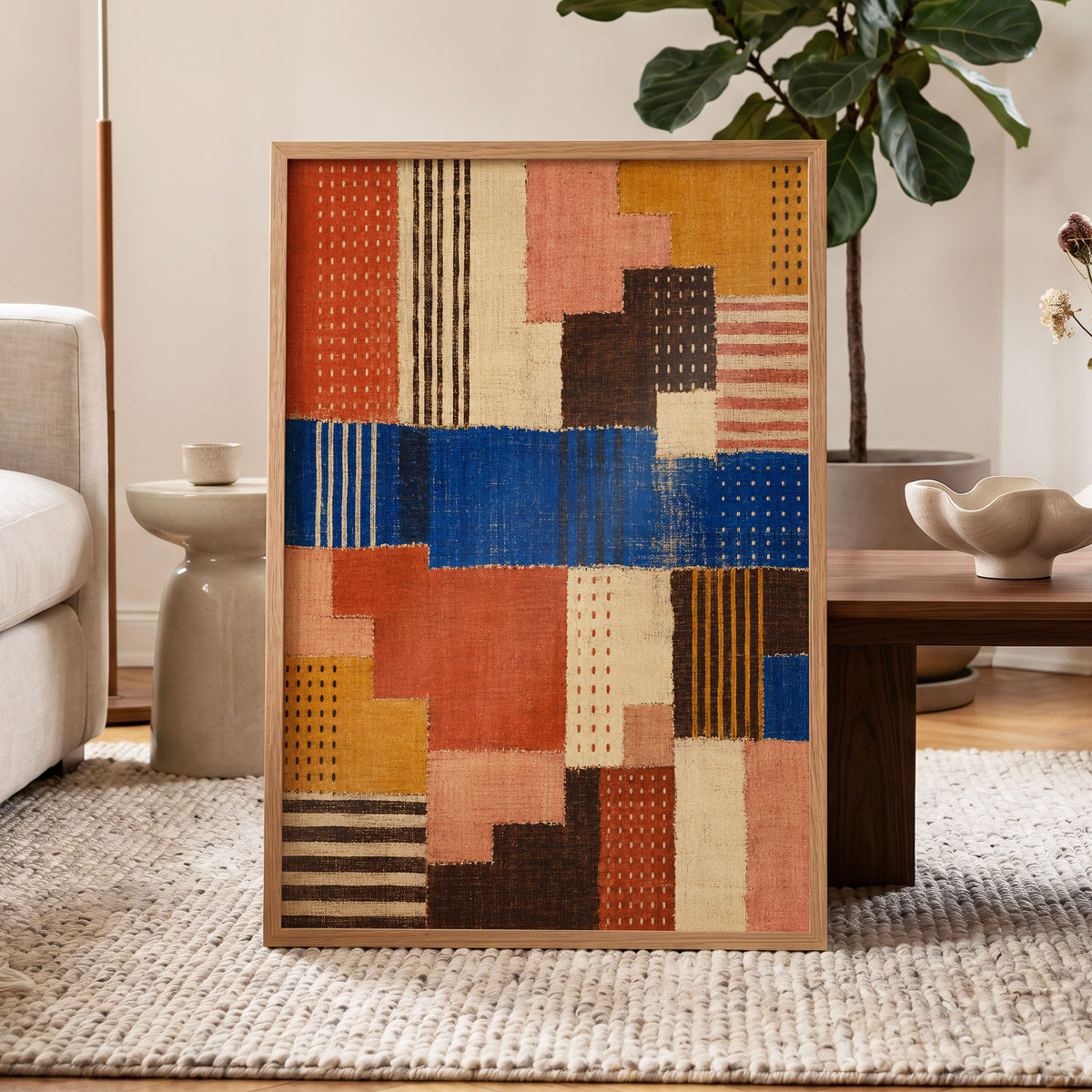 Chromatic Patchwork, blue, orange, beige abstract wall art displayed in a styled interior, gallery view 6