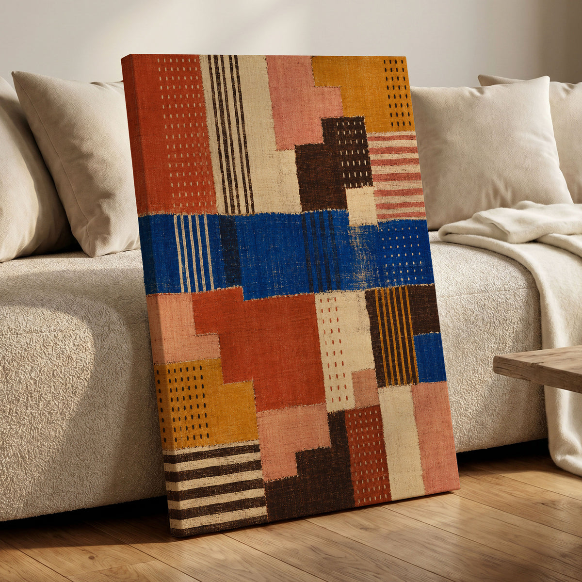 Chromatic Patchwork, blue, orange, beige abstract wall art displayed in a styled interior, gallery view 7