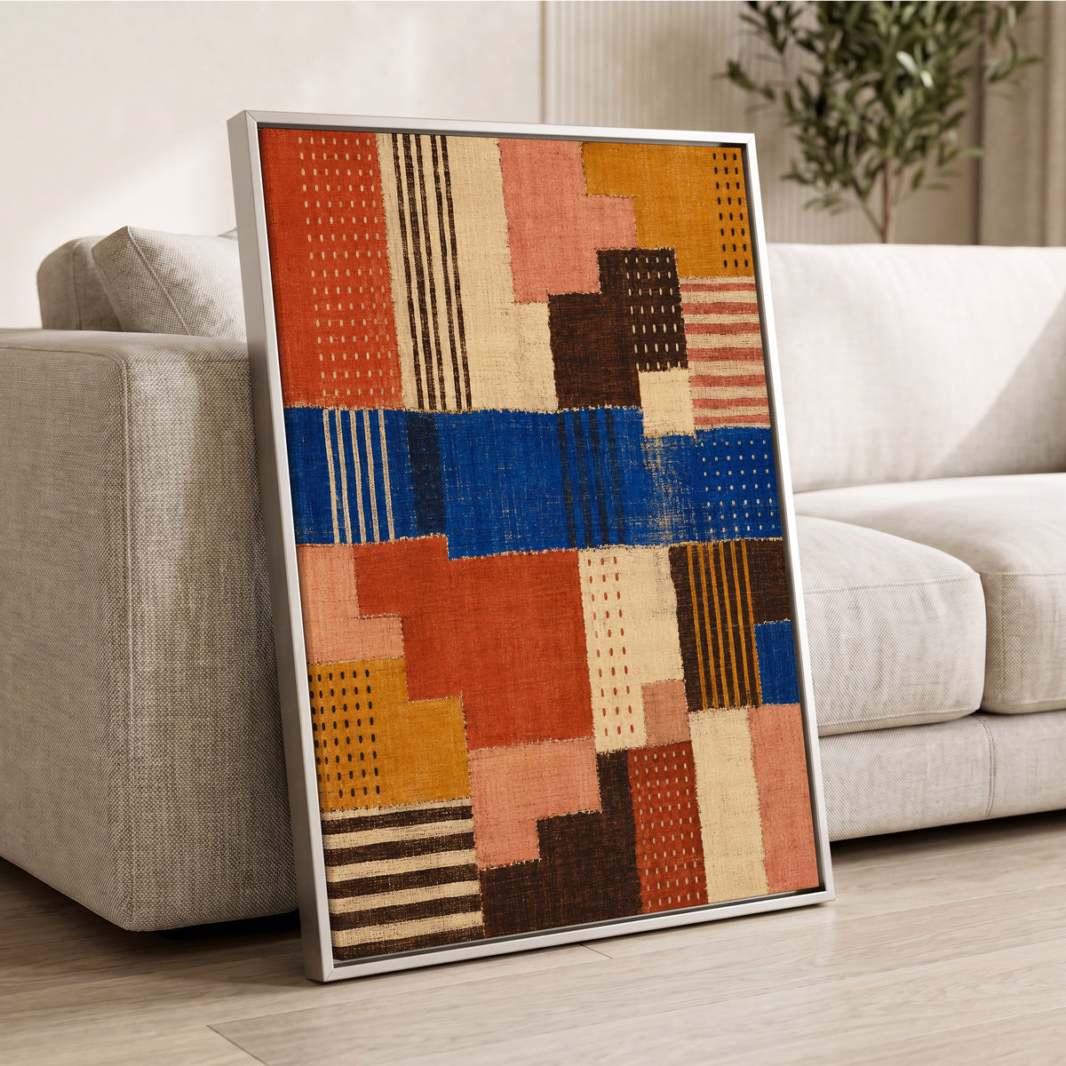 Chromatic Patchwork, blue, orange, beige abstract wall art displayed in a styled interior, gallery view 8