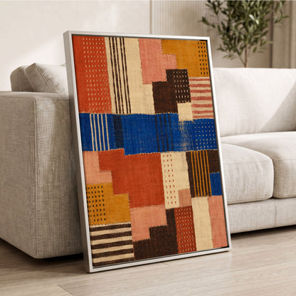 Chromatic Patchwork, blue, orange, beige abstract wall art displayed in a styled interior, gallery view 8