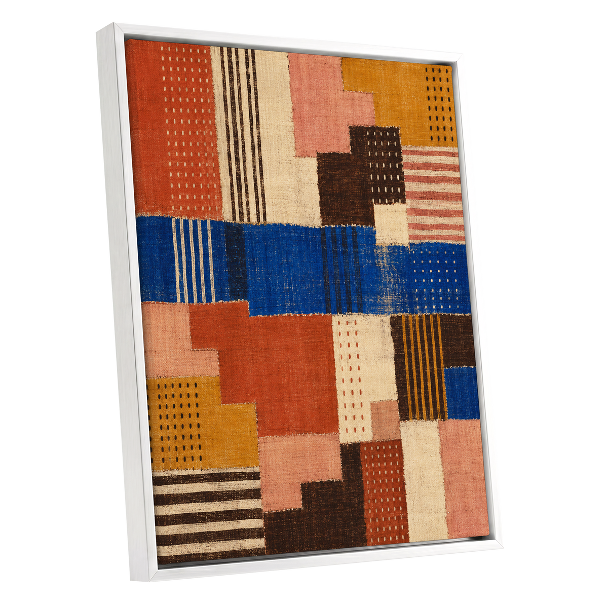 Chromatic Patchwork, blue, orange, beige abstract wall art shown as a white framed canvas wall art