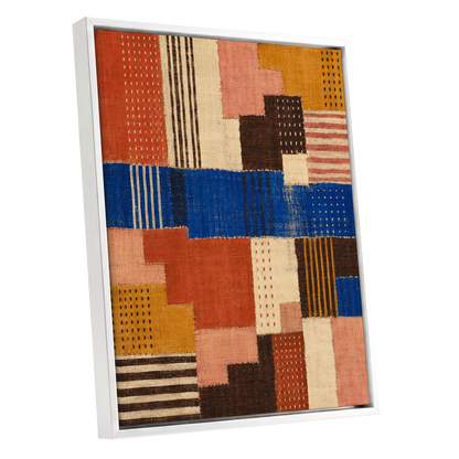Chromatic Patchwork, blue, orange, beige abstract wall art shown as a white framed canvas wall art