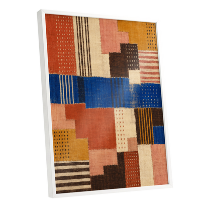 Chromatic Patchwork, blue, orange, beige abstract wall art shown as a white framed poster wall art print