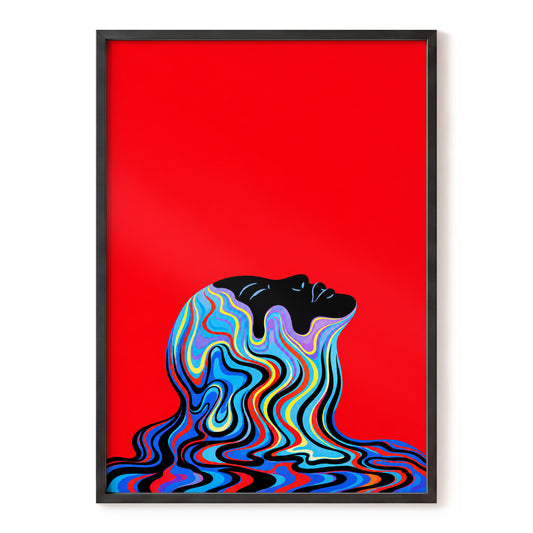 Chromatic Reverie, red, black, blue abstract wall art, front artwork view
