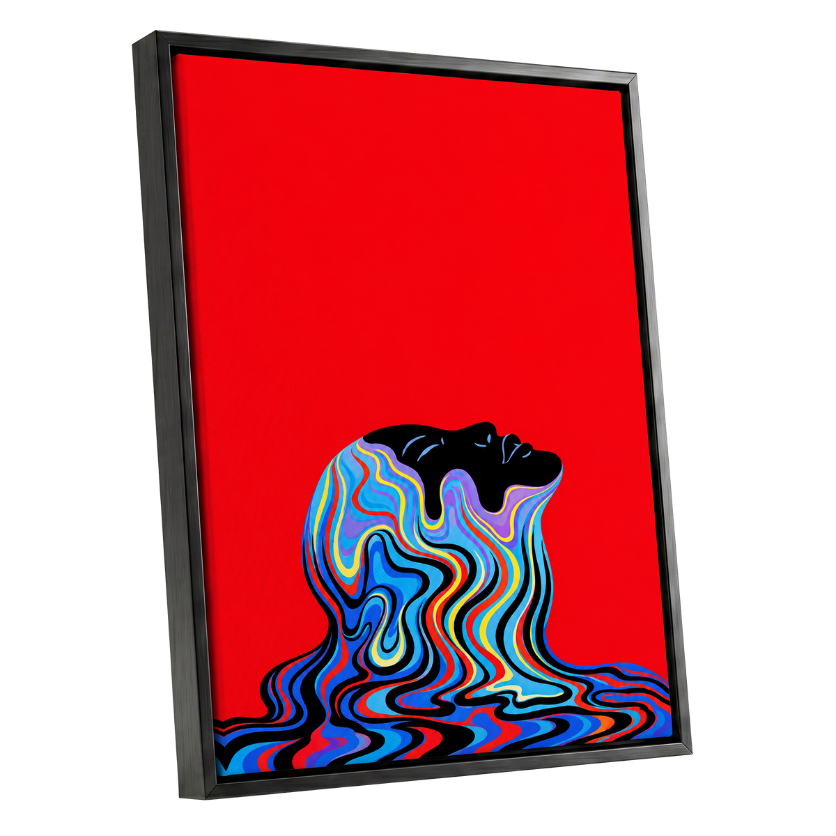 Chromatic Reverie, red, black, blue abstract wall art shown as a black framed canvas wall art