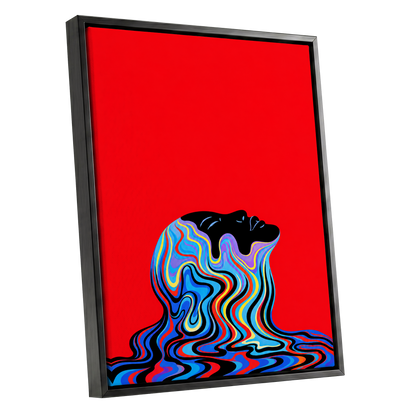 Chromatic Reverie, red, black, blue abstract wall art shown as a black framed canvas wall art