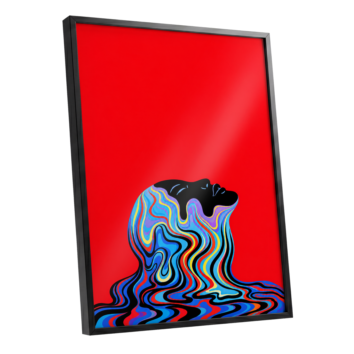 Chromatic Reverie, red, black, blue abstract wall art shown as a black framed poster wall art print