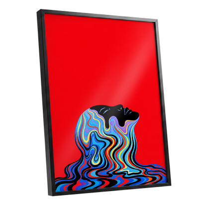 Chromatic Reverie, red, black, blue abstract wall art shown as a black framed poster wall art print