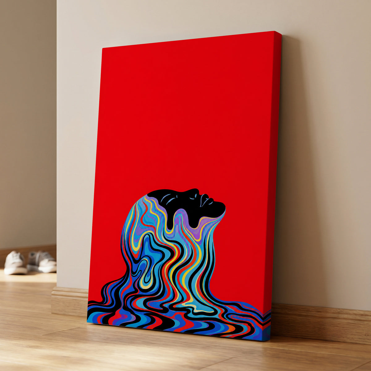 Chromatic Reverie, red, black, blue abstract wall art on canvas displayed in a styled interior, gallery view 1