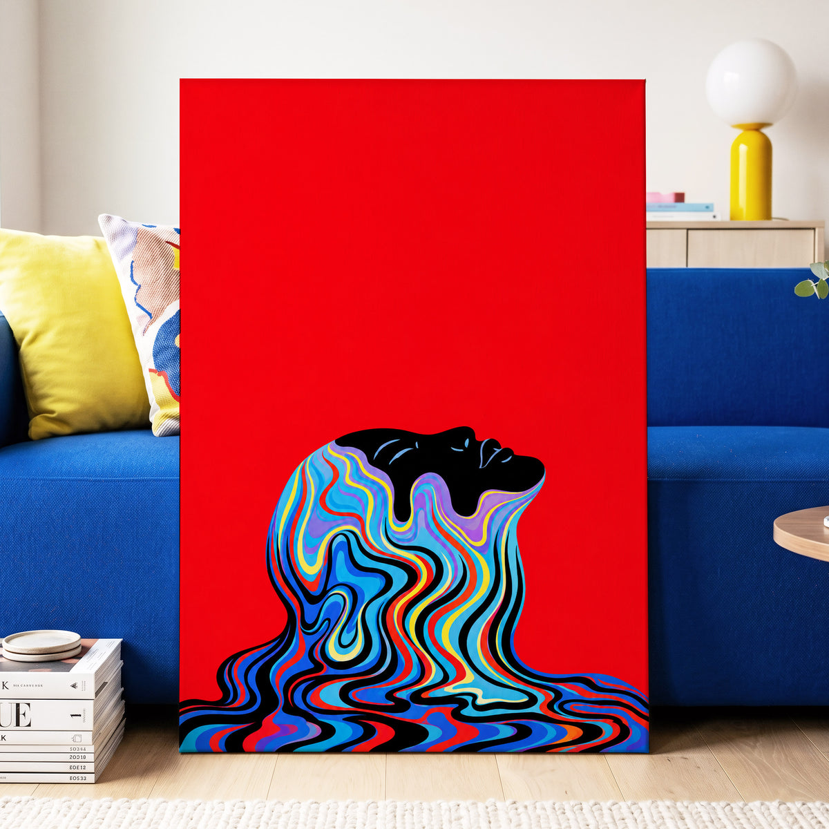 Chromatic Reverie, red, black, blue abstract wall art on canvas displayed in a styled interior, gallery view 2