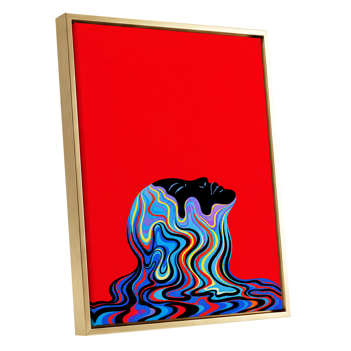 Chromatic Reverie, red, black, blue abstract wall art shown as a gold framed canvas wall art