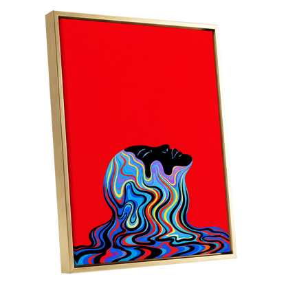 Chromatic Reverie, red, black, blue abstract wall art shown as a gold framed canvas wall art