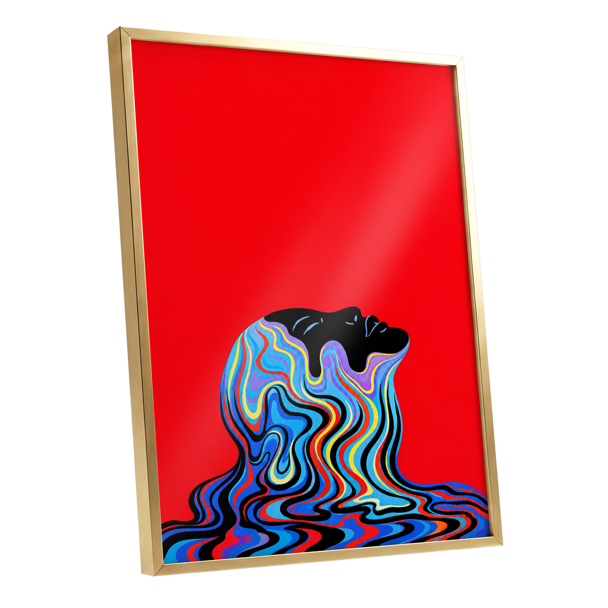 Chromatic Reverie, red, black, blue abstract wall art shown as a gold framed poster wall art print