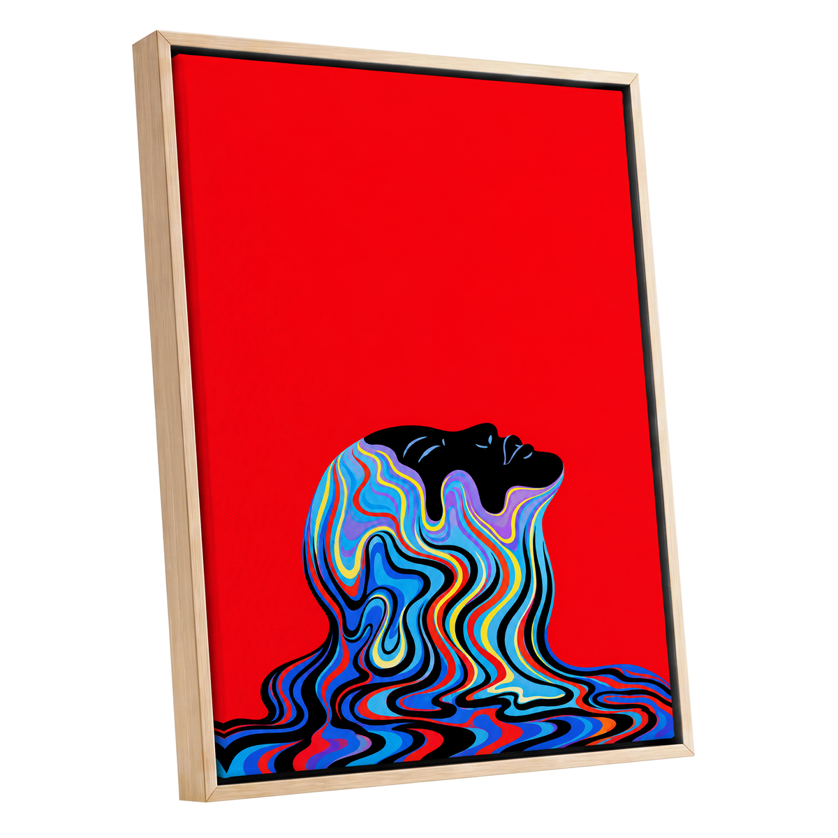 Chromatic Reverie, red, black, blue abstract wall art shown as a oak framed canvas wall art
