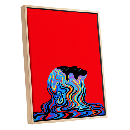 Chromatic Reverie, red, black, blue abstract wall art shown as a oak framed canvas wall art