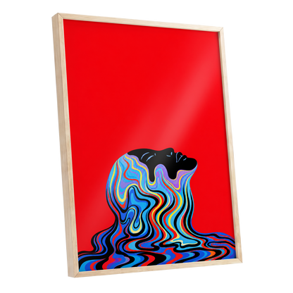 Chromatic Reverie, red, black, blue abstract wall art shown as a oak framed poster wall art print