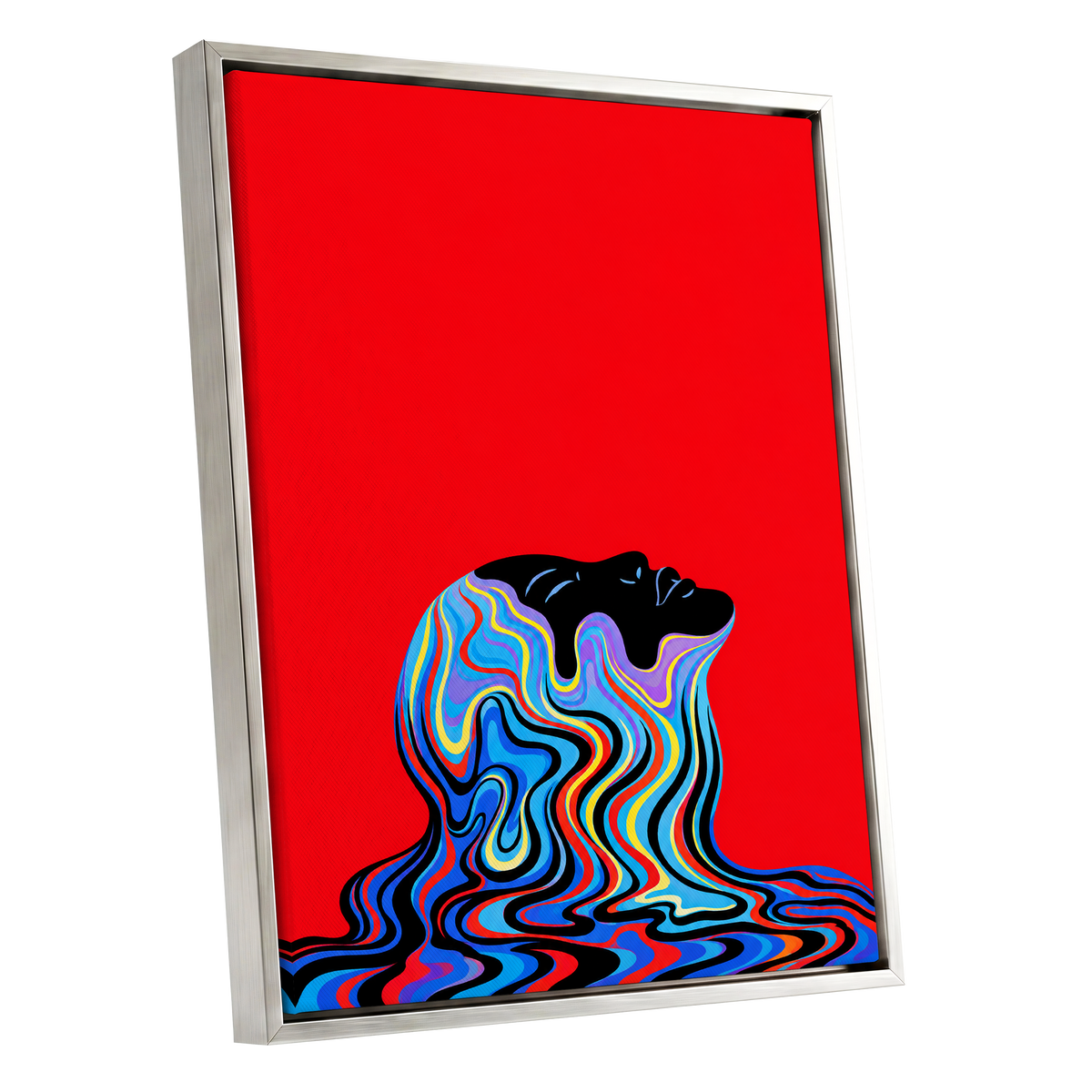 Chromatic Reverie, red, black, blue abstract wall art shown as a silver framed canvas wall art