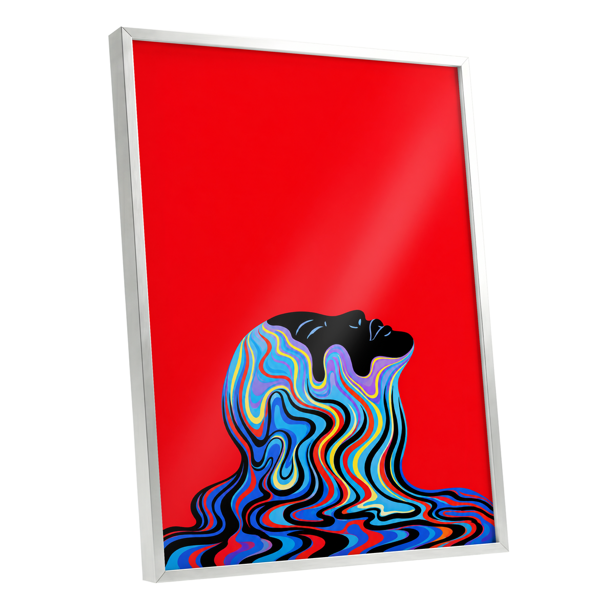 Chromatic Reverie, red, black, blue abstract wall art shown as a silver framed poster wall art print