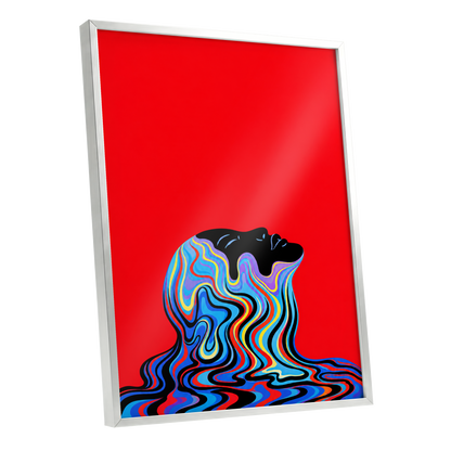 Chromatic Reverie, red, black, blue abstract wall art shown as a silver framed poster wall art print