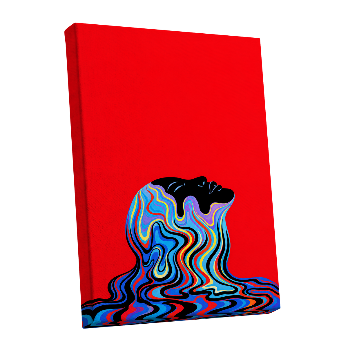 Chromatic Reverie, red, black, blue abstract wall art shown as a stretched canvas wall art