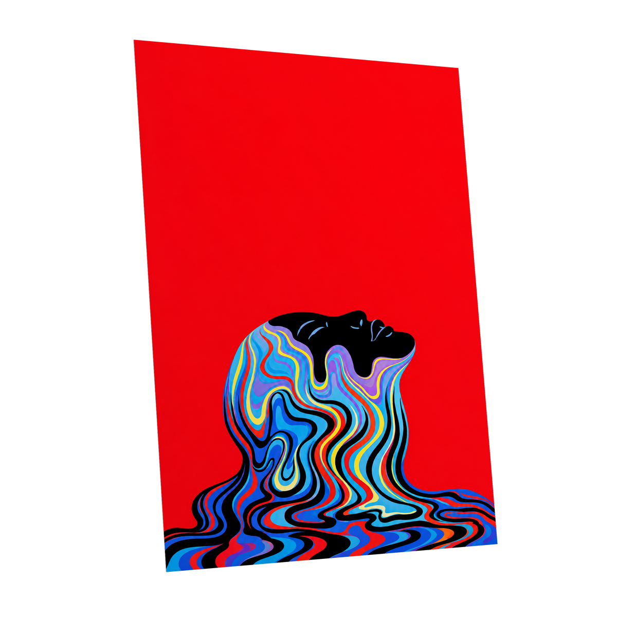 Chromatic Reverie, red, black, blue abstract wall art shown as a unframed poster wall art print