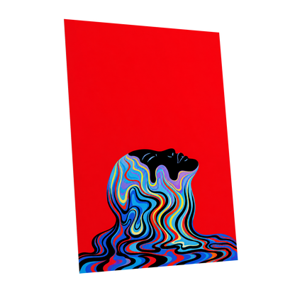 Chromatic Reverie, red, black, blue abstract wall art shown as a unframed poster wall art print