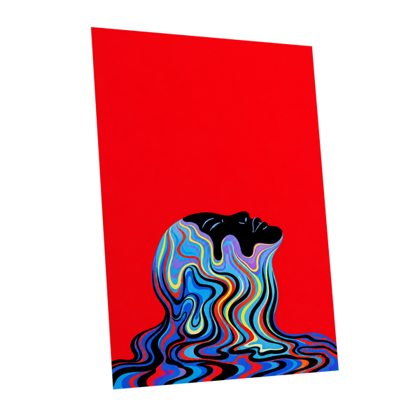 Chromatic Reverie, red, black, blue abstract wall art shown as a unframed poster wall art print