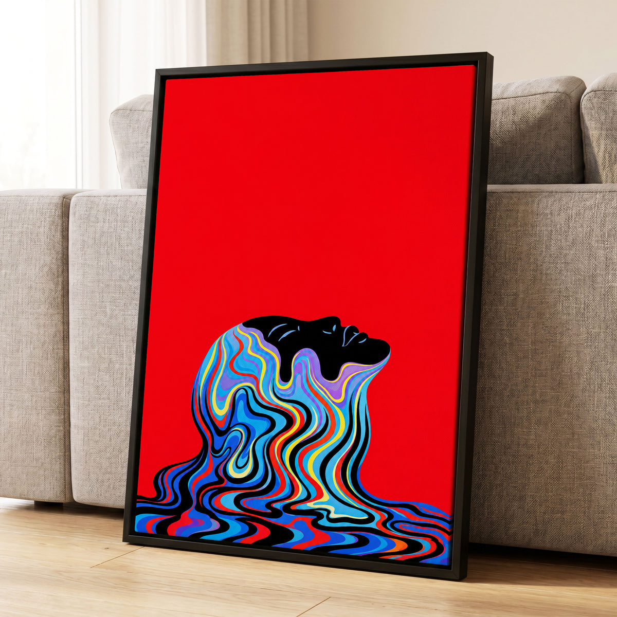 Chromatic Reverie, red, black, blue abstract wall art displayed in a styled interior, gallery view 1
