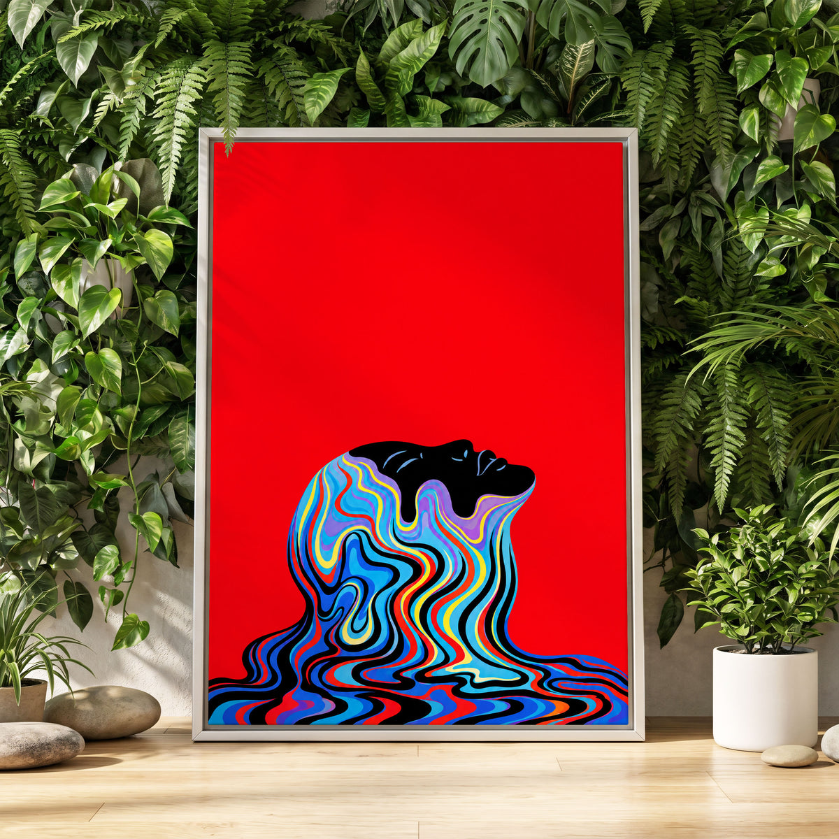 Chromatic Reverie, red, black, blue abstract wall art displayed in a styled interior, gallery view 2