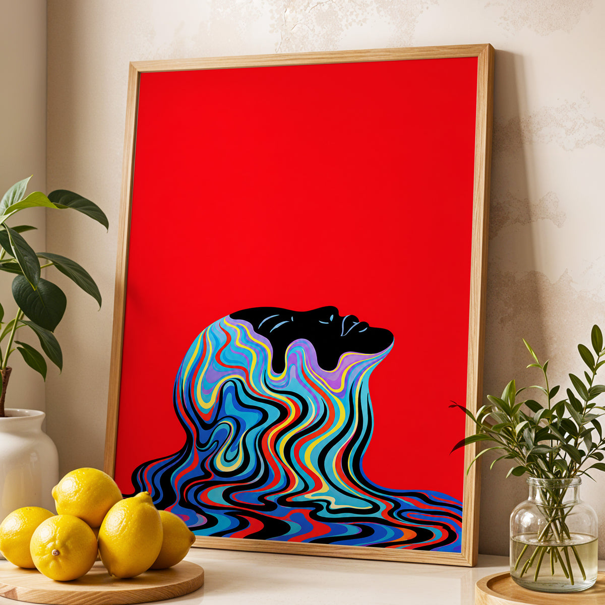 Chromatic Reverie, red, black, blue abstract wall art displayed in a styled interior, gallery view 3
