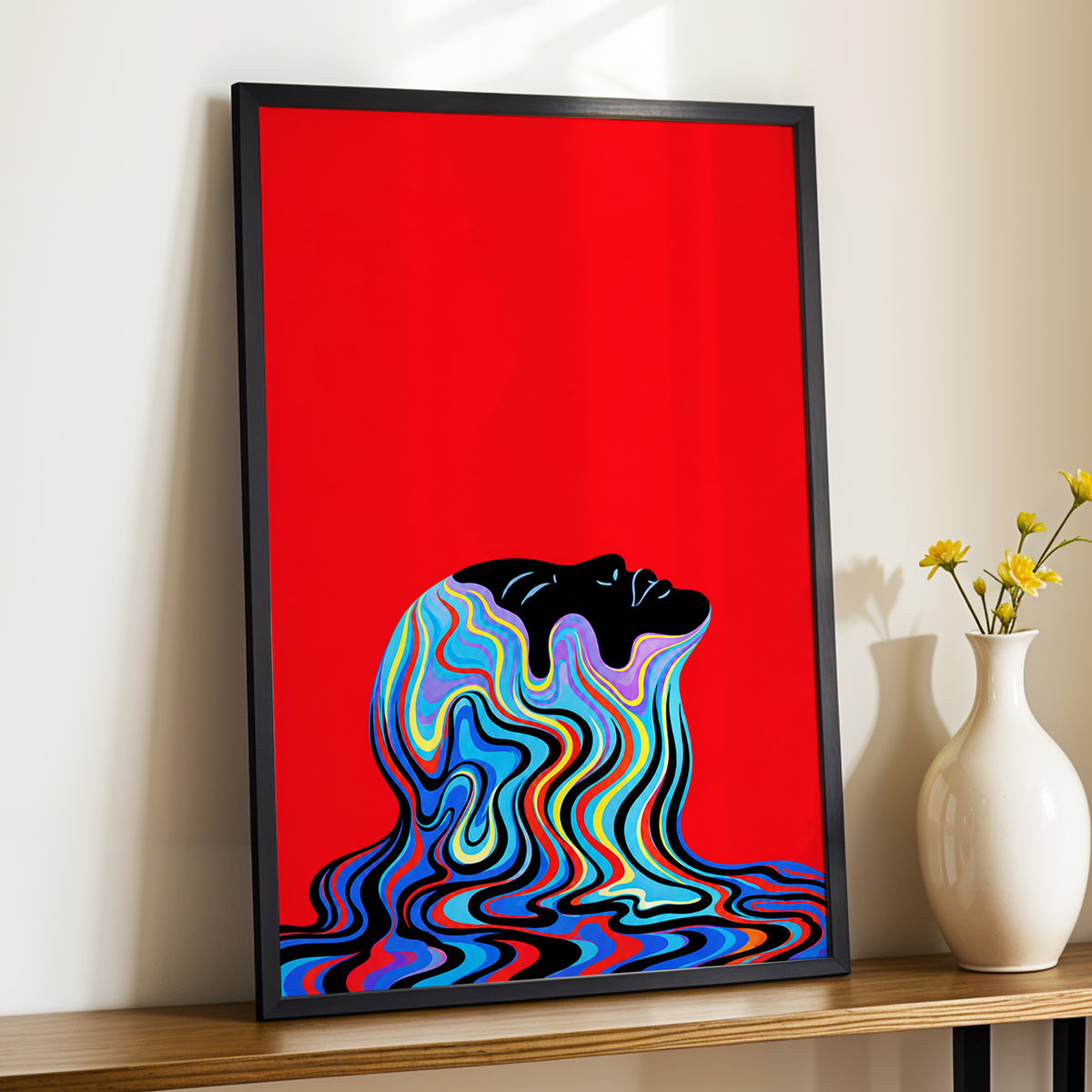 Chromatic Reverie, red, black, blue abstract wall art displayed in a styled interior, gallery view 4