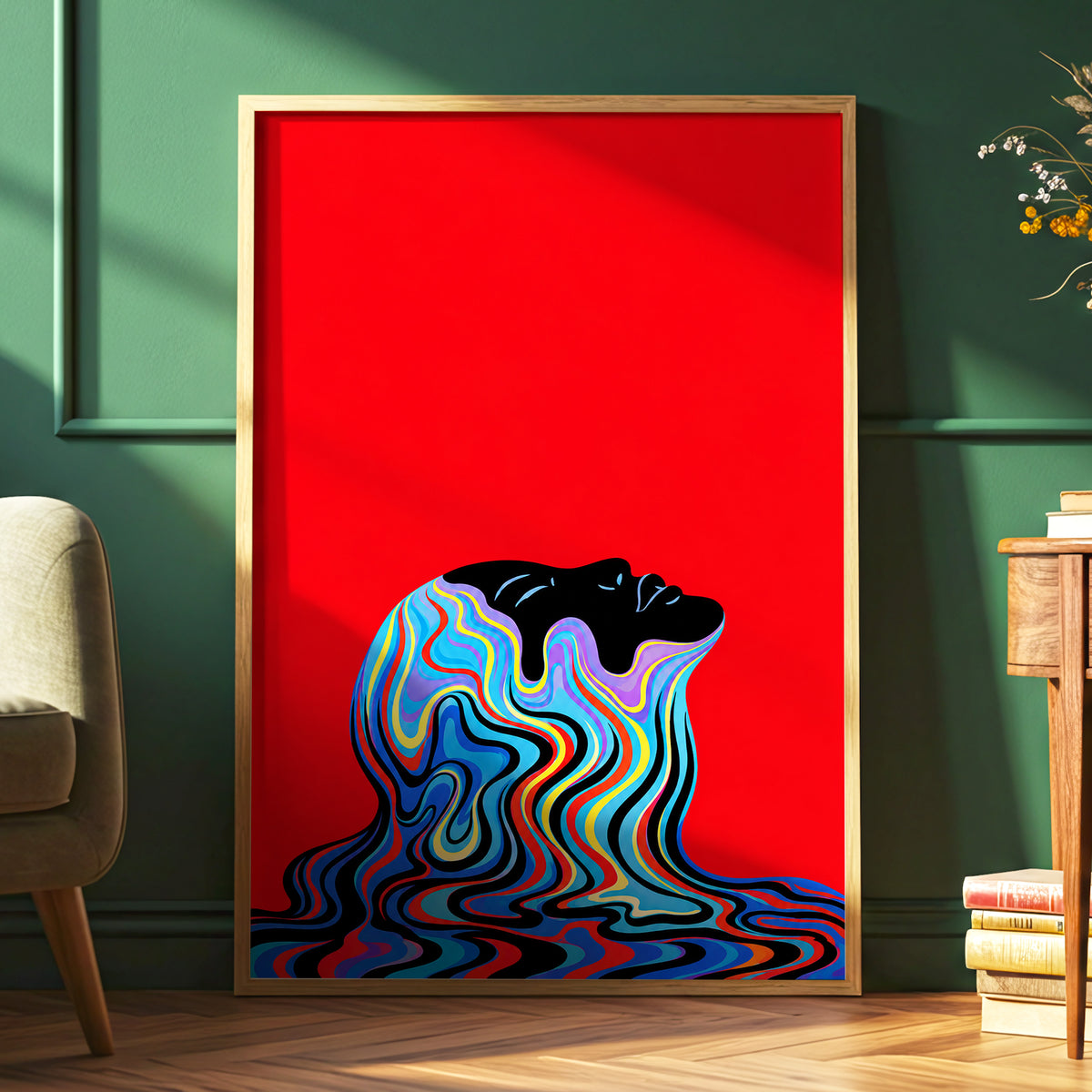 Chromatic Reverie, red, black, blue abstract wall art displayed in a styled interior, gallery view 6