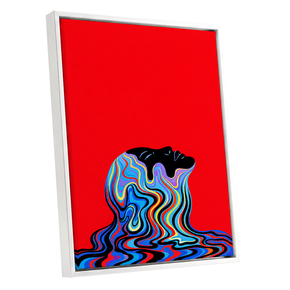 Chromatic Reverie, red, black, blue abstract wall art shown as a white framed canvas wall art