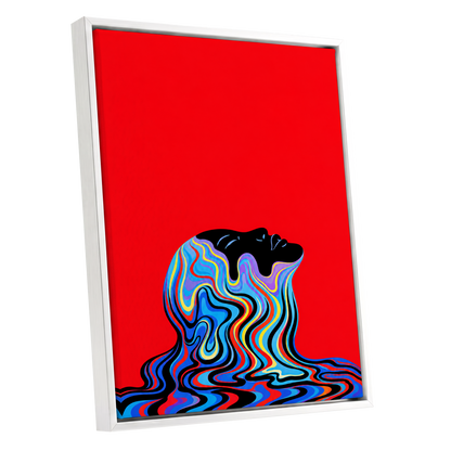 Chromatic Reverie, red, black, blue abstract wall art shown as a white framed canvas wall art