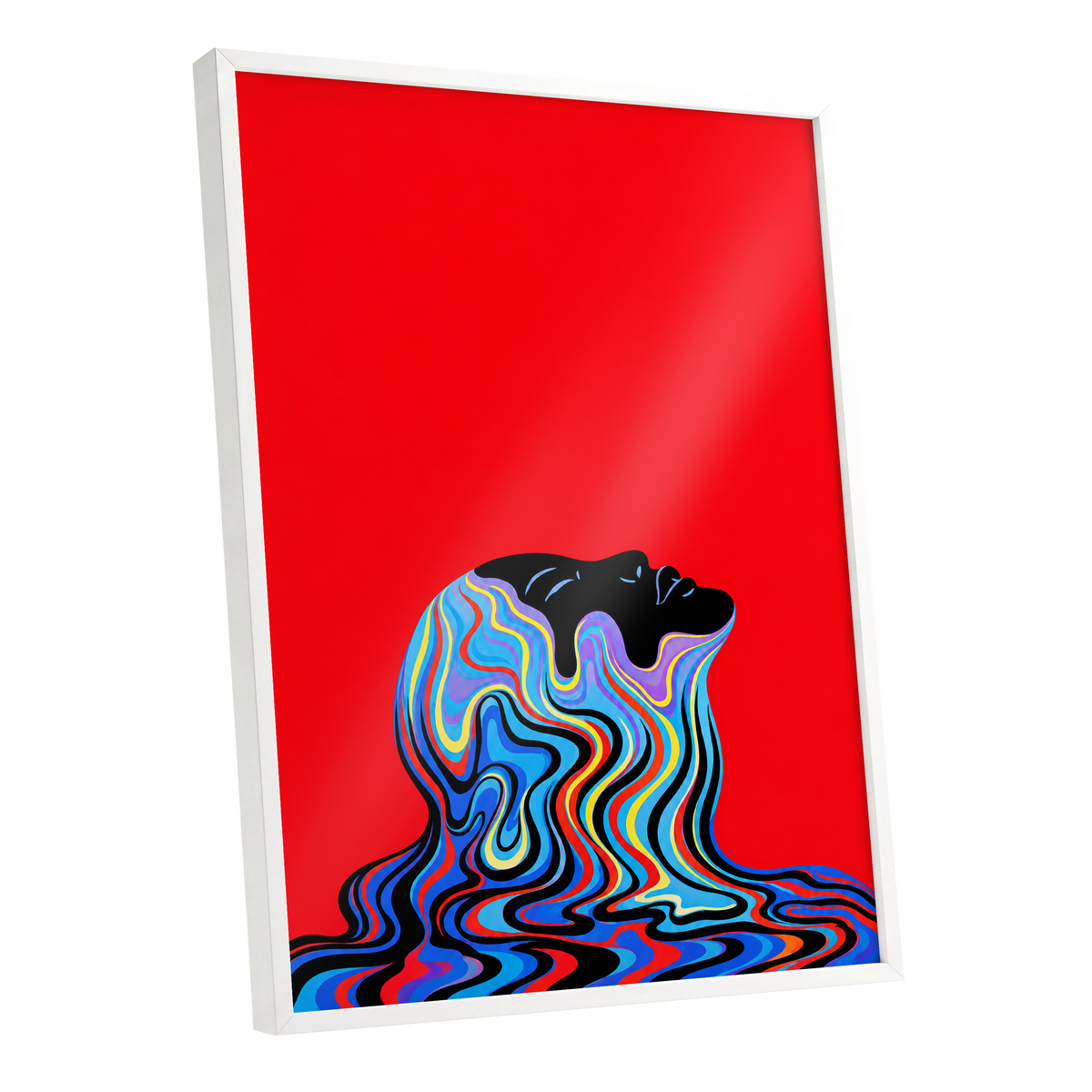 Chromatic Reverie, red, black, blue abstract wall art shown as a white framed poster wall art print